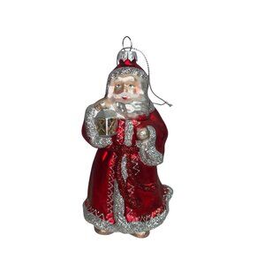 Vintage Blown Glass Santa Claus Ornament With Red Robe & Glitter Accents